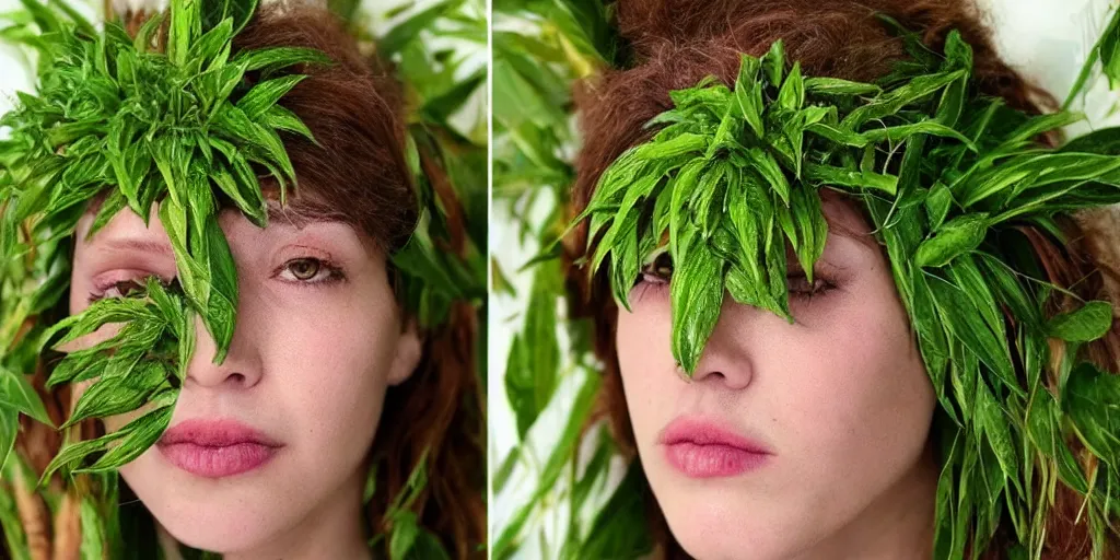 Prompt: a realistic face made of plants