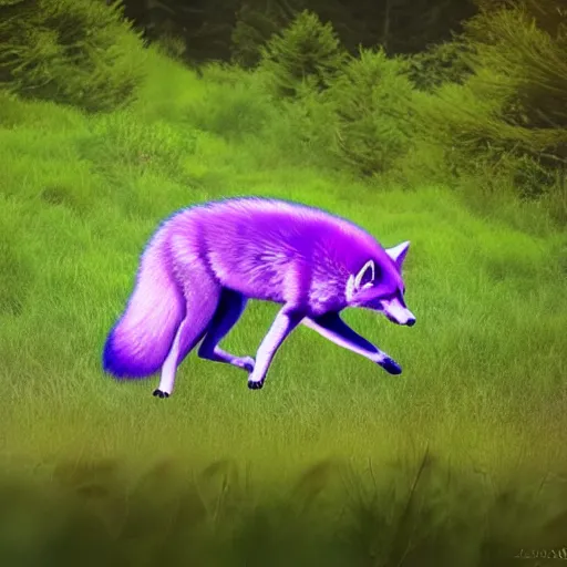 Image similar to a purple fox with a long fluffy and shiny coat sits in the forest on a ufo flying saucer. super realistic photo. clear details