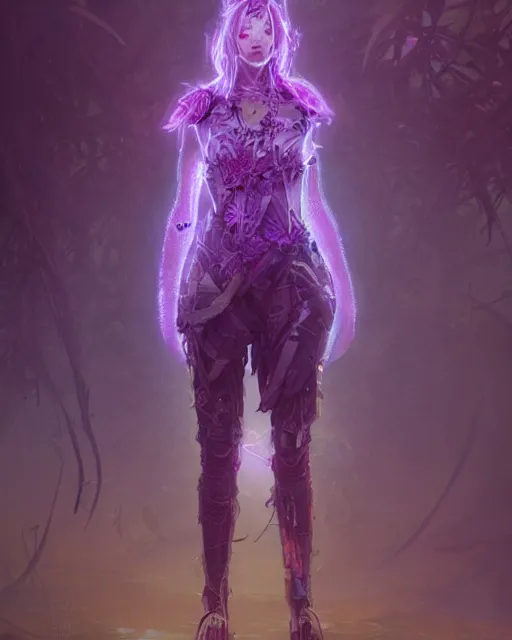 Prompt: full body woman made of plants weed and steel, fantasy character portrait full body concept art, intricate details, volumetric neon purple lights by greg rutkowski, gaston bussiere