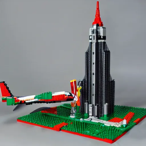 Image similar to Lego set of Twin towers being hit by a plane