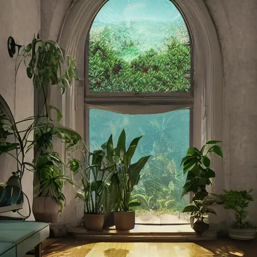 Image similar to 70s interior with arched windows, natural sunlight, summer, hanging plants, cinematic, cyberpunk, lofi, calming, dramatic, fantasy, by Moebius, by zdzisław beksiński, Fantasy LUT, epic composition, sci-fi, dreamlike, surreal, angelic, cinematic, 8k, unreal engine, photorealistic, fantasy concept art,