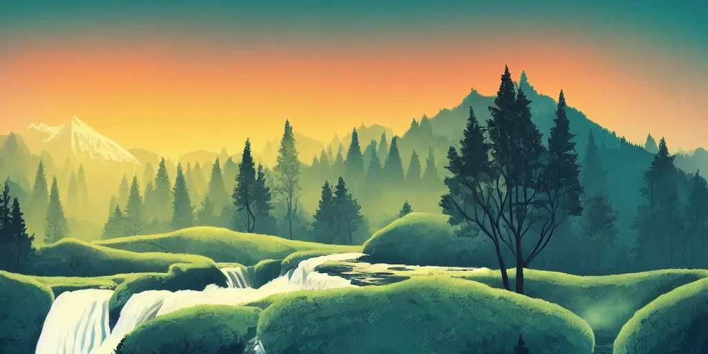 Prompt: a minimalist picture of a beautiful landscape, trees, stream, sunset, mountains, art by petros afshar
