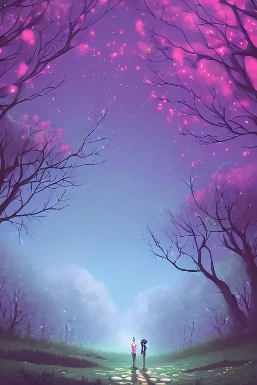 Image similar to A beautiful ultra detailed matte painting Moonlight woods near the water puffy clouds in sky vivid colors, by Cyril Rolando, David Wiesner, unreal engine, featured on artstation