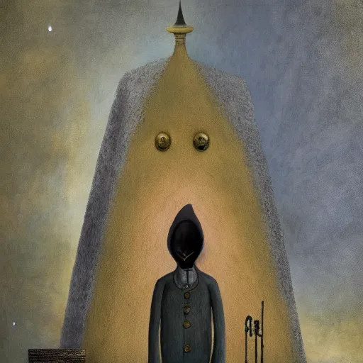 Image similar to eyeless watcher, dutiful return, golden age seraph bunkers, art by Leonora Carrington and Alexander Jansson, high detail, cinematic, cgsociety 8k