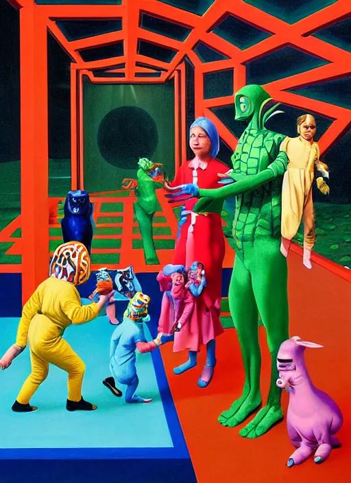 Image similar to painting of a gucci animal costumed family being shown how to open magic portals by a large glowing alien in their suburban living room maze, designed by gucci and wes anderson, energetic glowing planets in the air, cinematic look, in the style of edward hopper, james jean, petra collins and mc. escher