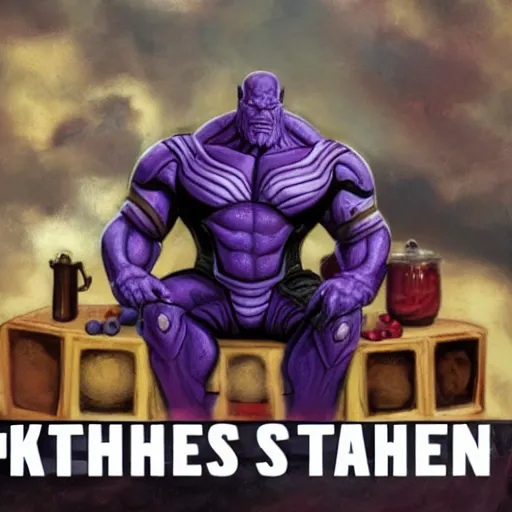 Image similar to photo of thanos wearing a kitchen morto