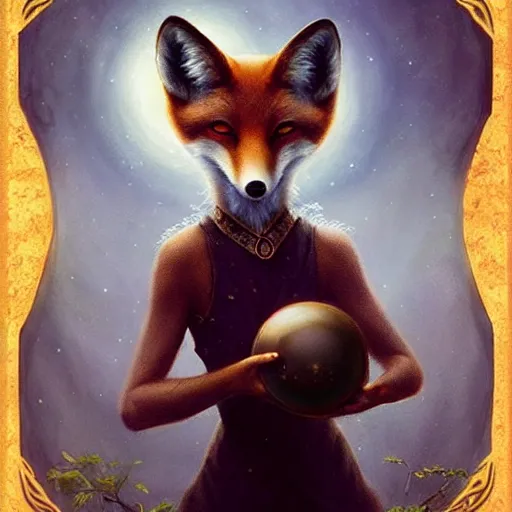 Image similar to an anthromorphic fox as a magic fortune teller holding an orb in an enchanted forest, photorealistic, fantasy art, digital art, by tom bagshaw