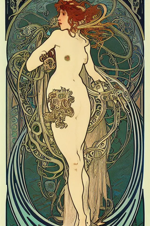 Prompt: art nouveau, alphonse Mucha, octopus, maiden