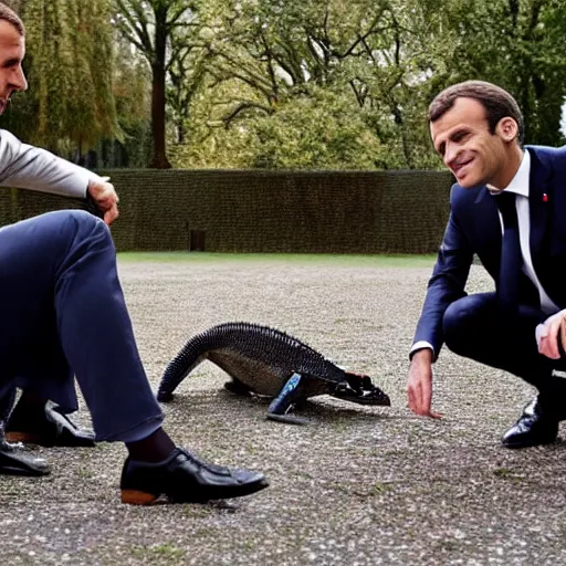 Image similar to Emmanuel Macron having a meeting with reptiles, reptiles, reptiles, reptiles, dramatic lighting, dark image, photography, masterpiece