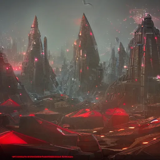 Prompt: futuristic city, with massive metal pyramid, neonpunk, dystopian, scifi, intricate, detailed red lighting, concept art, trending on artstation