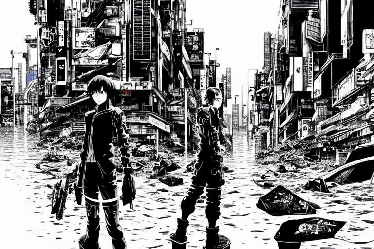 Prompt: high quality illustration of a japanese flooded cyberpunk city in the style of ghost in the shell and blame and akira, manga, black and white, pencil, traditional art, anime, by katsuhiro otomo and tsutomu nihei and masamune shirow and studio ghilibi and yukito kishiro, highly detailed, sharp lines