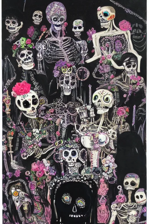 Image similar to scene from wedding, day of the dead, cyber skeletons, queen in black silk in the center, neon painting by otto dix