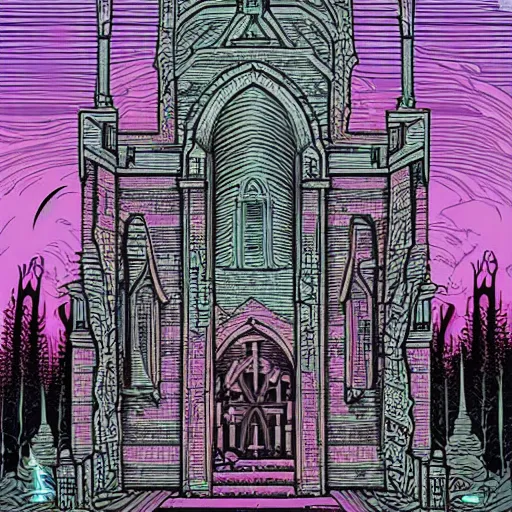 Image similar to an evil church in ruins by Dan Mumford
