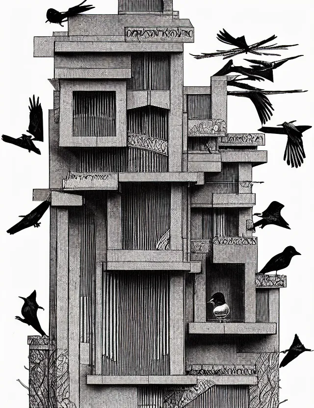 Image similar to detailed illustration of a frank lloyd wright inspired birdhouse, in the style of albrecht durer, with crows, intricate, moody, on paper