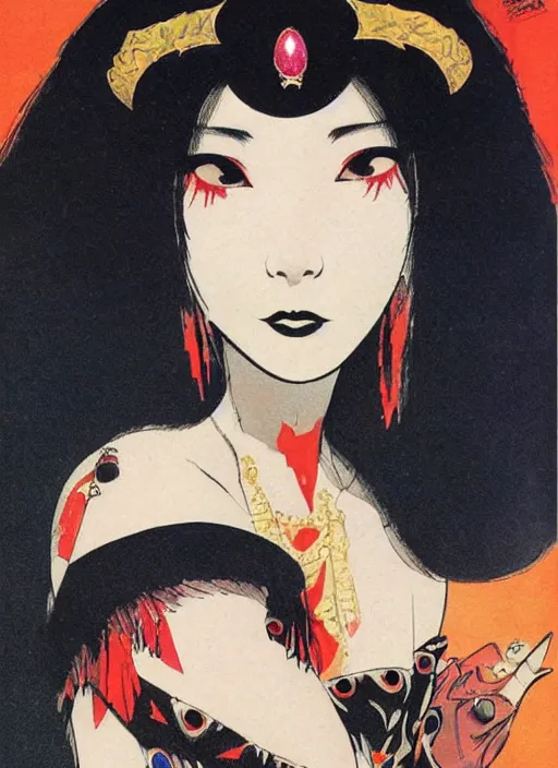 Prompt: junoesque female korean vampiress, jeweled headdress, heavy mascara, strong line, saturated color, beautiful! coherent! by frank frazetta, high contrast, minimalism