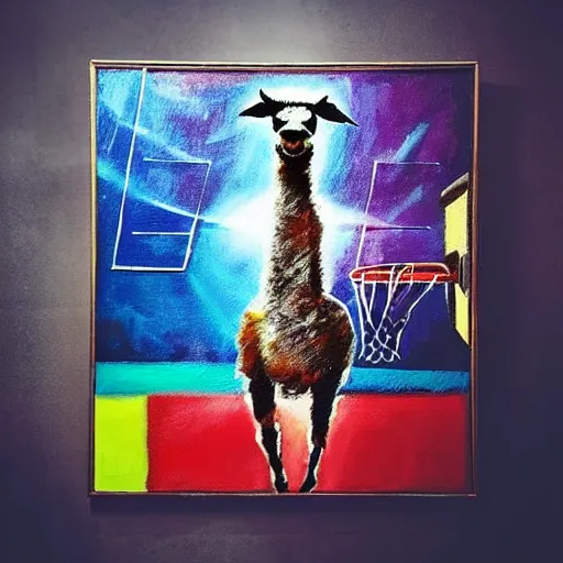 Image similar to “ abstract painting of a llama in a jersey dunking a basketball like michael jordan, shot from below, tilted frame, 3 5 °, dutch angle, extreme long shot, high detail, dramatic backlighting, indoors. in the background is a stadium full of people. ”