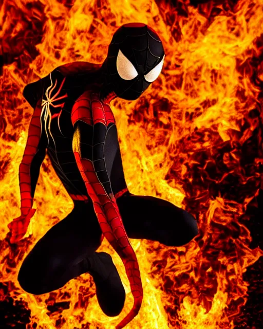 Prompt: photograph of a black and gold suit spider - man stood infront of a blazing inferno, dslr, cinematic, volumetric lighting, 8 k resolution, photorealistic