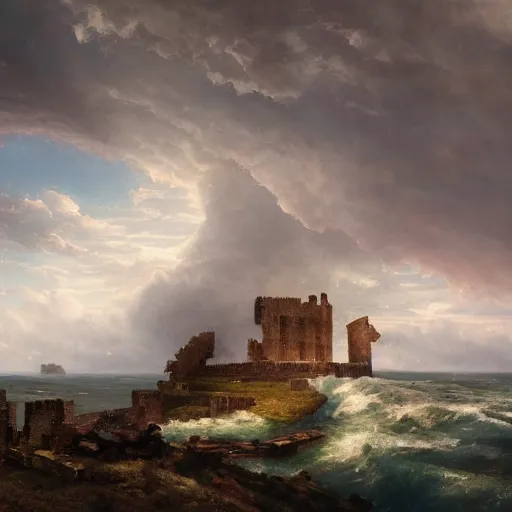 Image similar to Panorama view of a hurricane lifting the ruins of a castle into the sky, flying island, oil painting, by Greg Rutkowski