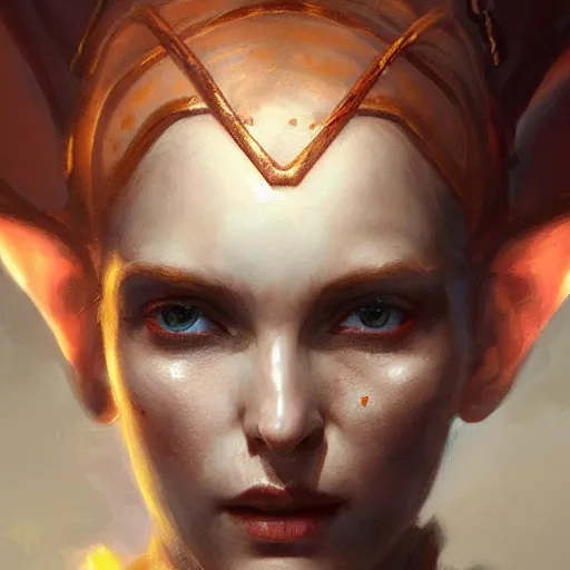 Image similar to A head-on, symmetrical detailed oil portrait of an elf woman with small horns of copper wearing a simple white robe, by greg rutkowski, trending on artstation, dungeon and dragons art