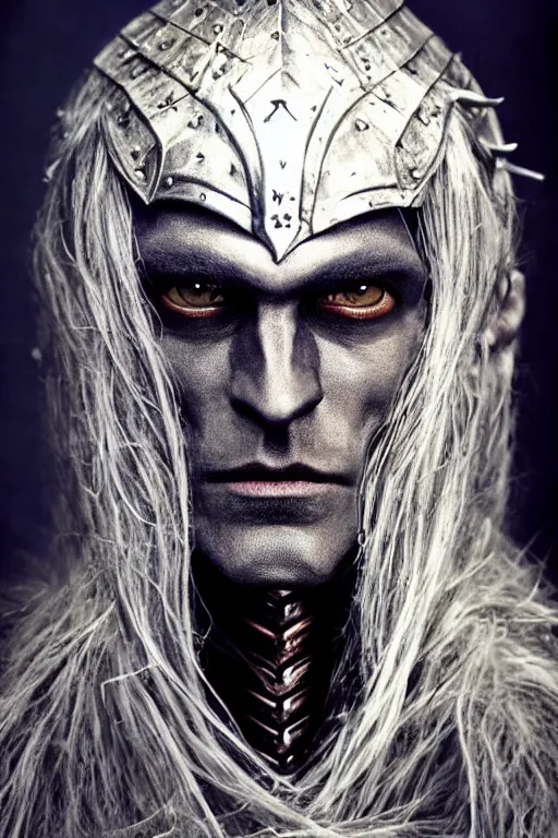 Image similar to head and shoulders portrait of an eldritch knight, drow, dark elf, shadar kai, male, breastplate, magical, high fantasy, d & d, by annie liebovitz, face details, extremely detailed, vogue fashion photo