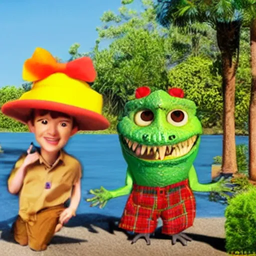 Image similar to a crocodile dressed as a tourist, pixar movie still