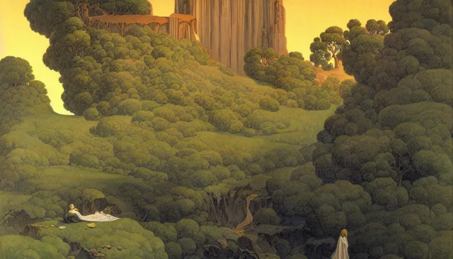 Image similar to Deep in the shady sadness of a vale far sunken from the healthy breath of morn, far from the fiery noon, and eve's one star, sat gray-hair'd Saturn, quiet as a stone, still as the silence round about his lair, matte painting by Maxfield Parrish