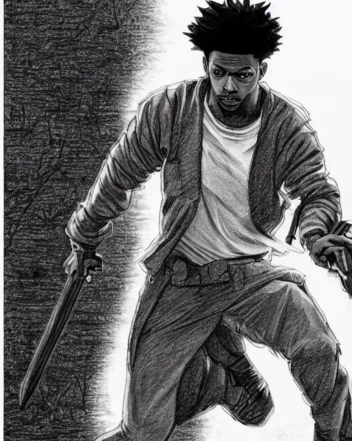 Image similar to a very detailed pencil drawing of 2 1 savage in demon slayer manga panel, action lines, greg rutkowski, in field high resolution, dynamic pose, landscape, medium portrait, action, hyper realistic, manga, koyoharu gotouge, sakuga