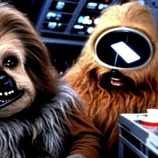 Image similar to John Candy in a dog suit dressed as Barf from Spaceballs sits next to Han Solo in the Millenium Falcon, movie still ftom Star Wars (1977)