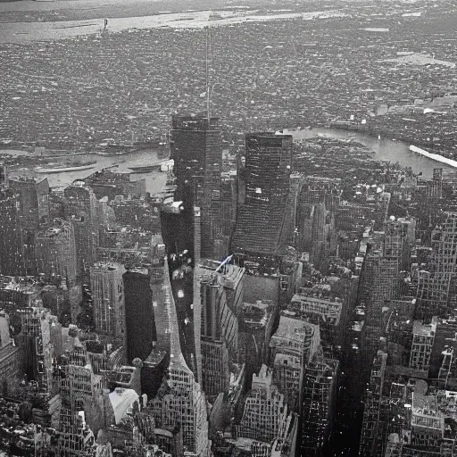 Image similar to a photograph of a ufo above new york taken by a phone camera, black and white