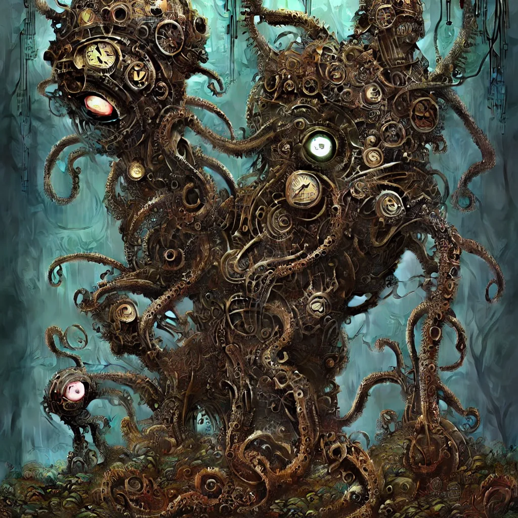 Image similar to biomechanical steampunk creature with robotic parts and big octopus head and (glowing) eyes guarding an ancient cave entrance with lush vegetation in a mystic forest, gothic and baroque, brutalist architecture, ultradetailed, creepy ambiance, fog, artgerm, giger, Intricate by Ellen Jewett and Josan Gonzalez and Giuseppe Arcimboldo