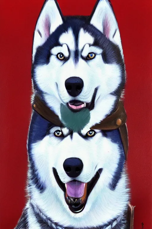 Image similar to a portrait painting of a husky in cowboy costume, character design, anime, furry