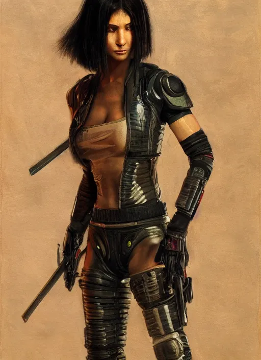 Image similar to katana. cyberpunk mercenary in a cyberpunk jumpsuit ( blade runner 2 0 4 9, cyberpunk 2 0 7 7 ). orientalist portrait by john william waterhouse and james gurney and theodore ralli and nasreddine dinet, oil on canvas. cinematic, hyper realism, realistic proportions, dramatic lighting, high detail 4 k