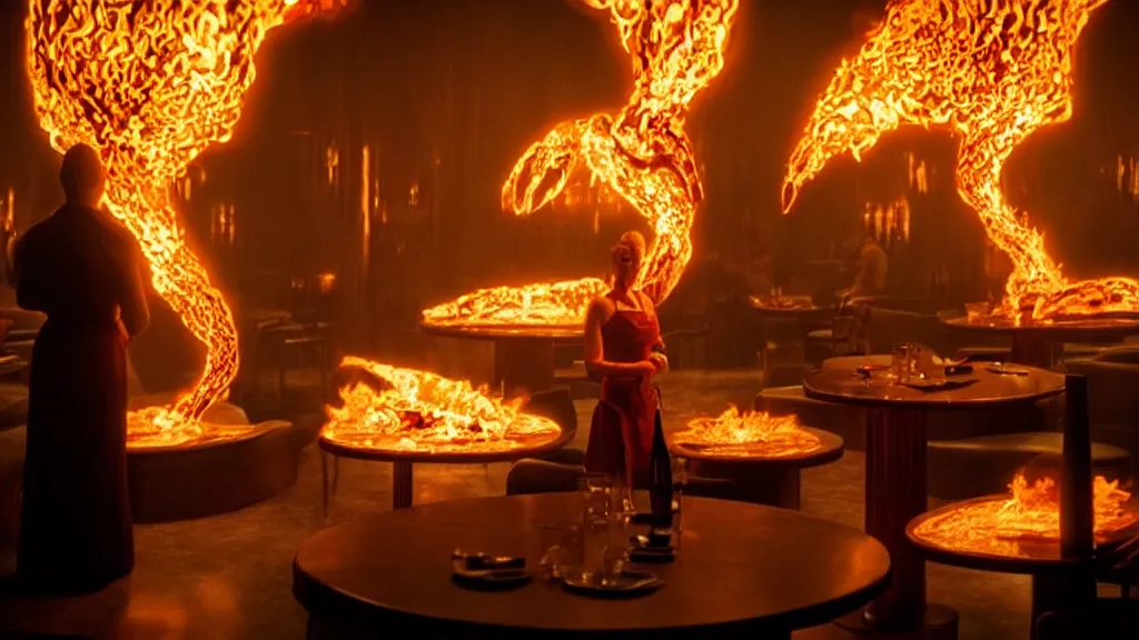 Image similar to the strange creature in a restaurant serves people, made of fire and water, film still from the movie directed by Denis Villeneuve with art direction by Salvador Dalí, wide lens