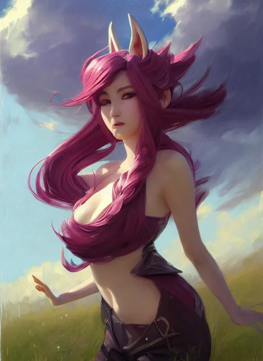 Image similar to portrait of Ahri from League of Legends after work, countryside, calm, fantasy character portrait, dynamic pose, above view, view from above, sunny day, thunder clouds in the sky, artwork by Jeremy Lipkin and Giuseppe Dangelico Pino and Michael Garmash and Rob Rey, very coherent symmetrical artwork, sharp edges, perfect face, simple form, 100mm