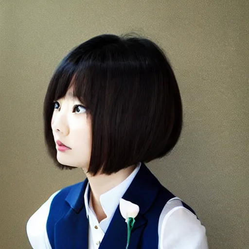 Image similar to a pretty young girl of 2 5, japanese, with big eyes, short shoulder - length hair and a suit ， by ringeko