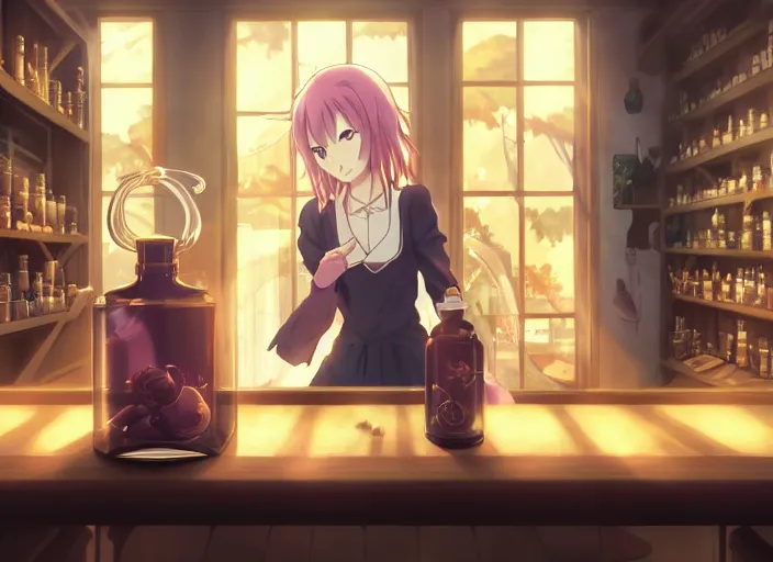 Prompt: anime, portrait of a young woman in a alchemist's potion shop interior looking at a glowing potion, yoshinari yoh, dynamic pose perspective, moody, detailed facial features, kyoani, rounded eyes, sharpened image, cel shade