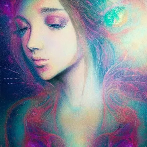 Image similar to beautiful detailed artistic portrait of a person travelling between different astral planes. grainy and rough. fine detail. soft colour scheme. artistic painting by lurid ( 2 0 2 2 ). featured on deviantart.