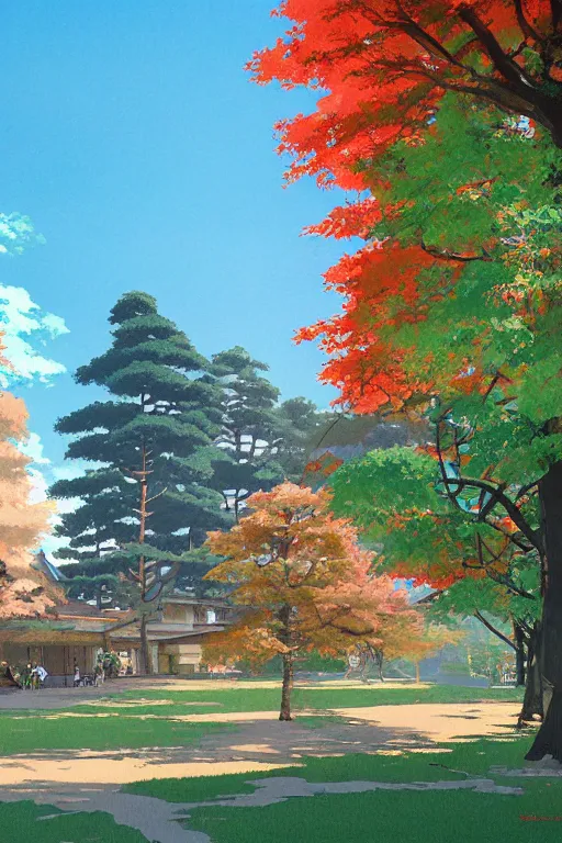 Image similar to a colorful high school building with beautiful trees, morning, by studio ghibli painting, superior quality, masterpiece, traditional Japanese colors, by Grzegorz Rutkowski, concept art