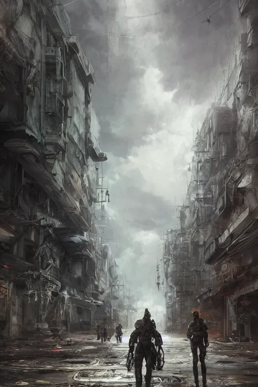 Image similar to ultra realist and ultra intricate detailed soft painting of a large mech, standing in a post-apocalyptic street, sensual gloomy style, volumetric clouds, artstation, unreal render, depth of field