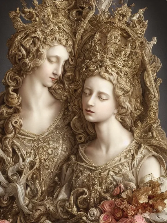 Image similar to a beautiful portrait render of two baroque catholic veiled queen sculpture with symmetry intricate detailed ,heart,pray,love,crystal-embellished,by Daveed Benito,LEdmund Leighton,Virginie Ropars,peter gric,aaron horkey,Billelis,trending on pinterest,hyperreal,gold,silver,ivory,maximalist,glittering,golden ratio,cinematic lighting