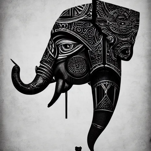 Image similar to futuristic elephant head, symmetrical, intricate black shaman ornaments, black oak patterns, iridescent reflection, mask big, mech mask, robotic ganesha head, mecha - elephant, white backround, graphic design, black white greys and red color, subsurface scattering, cyberpunk, unreal engine, octane render, imagined by devarshy