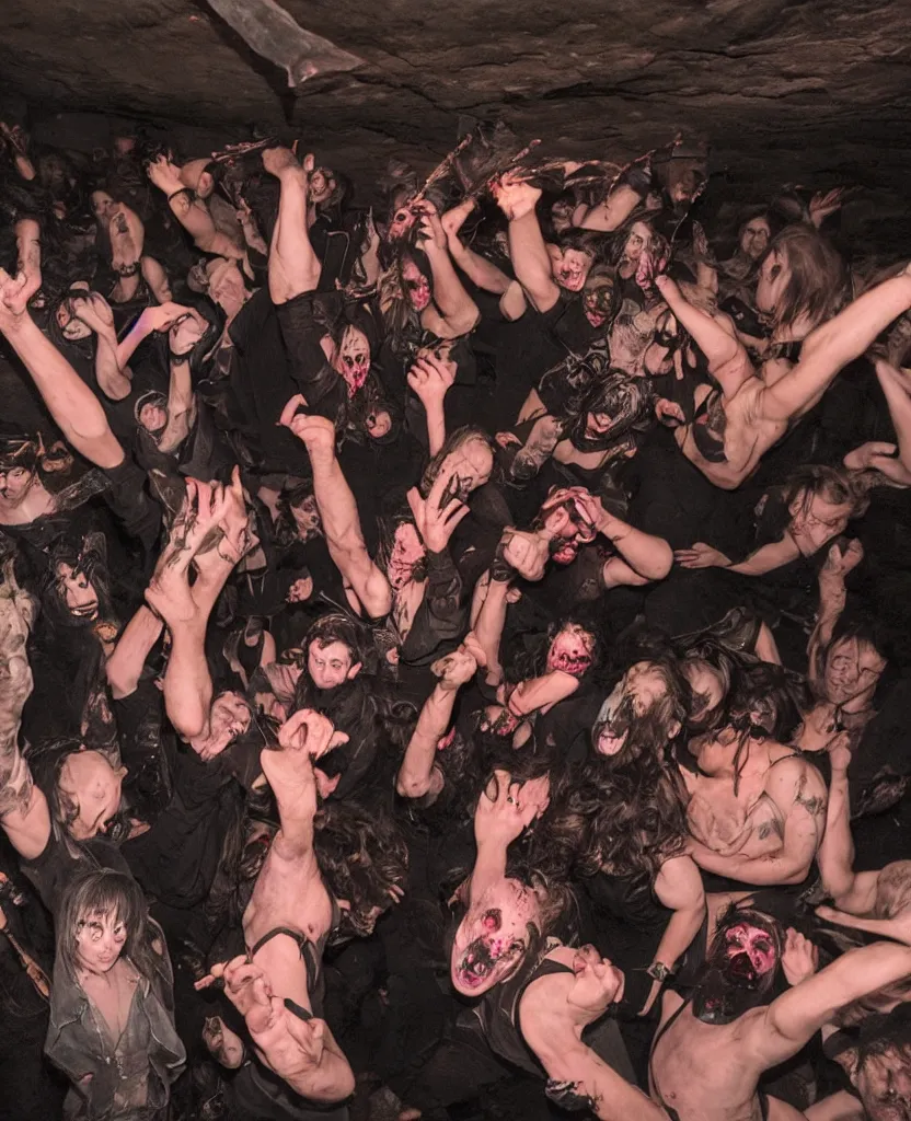 Image similar to photos of a wild underground party taken by merlin bronques, angry demonic death ghosts