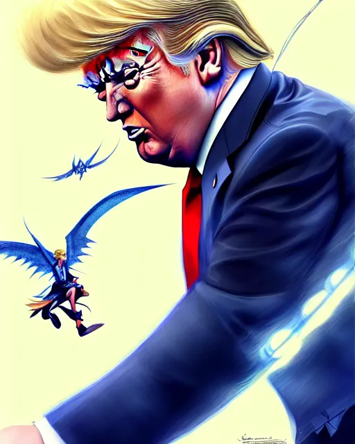 Prompt: donald trump with wings, confident pose, pixie character, video game genshin impact, cell shaded anime intricate, elegant, sharp focus, illustration, highly detailed, concept art, matte, magali villeneuve, artgerm, anime, trending on artstation