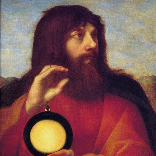 Prompt: portrait of a wizard staring into a glowing crystal ball, in the style of titian, giovanni bellini, oil on canvas, 4 k