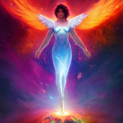 Image similar to angel emerging from a giant nebula explosion in space, vivid colors, cinematic lighting, godrays, galaxies and stars, universe, award winning, unreal, 8 k, octane render, ultra detailed, art by artgerm and greg rutkowski and alphonse mucha, artstation, cgsociety, fenghua zhong, hyper realism