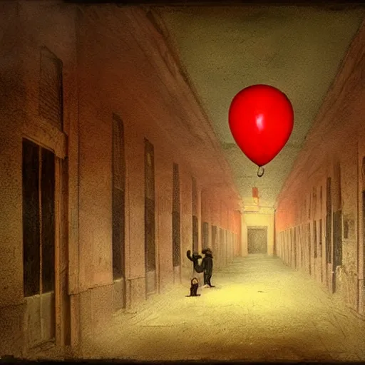 Image similar to grunge painting of an insane asylum with a red balloon by chris leib, creepy lighting, horror theme, detailed, elegant, intricate, conceptual, volumetric light