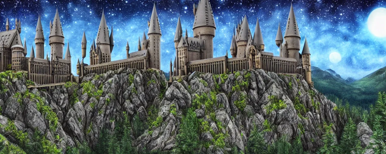 Image similar to Hogwarts in the mountains, forest, at night, blue aurora, shooting stars, matte painting, award winning, highly detailed