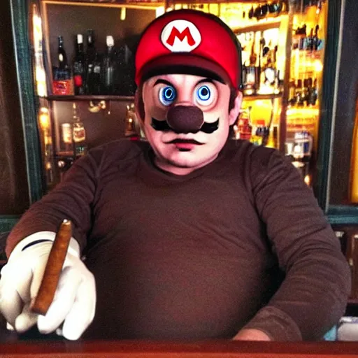 Image similar to super mario sitting in a bar smoking a cigar with bloodshot eyes