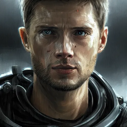 Image similar to portrait of a man by greg rutkowski, jenzen ackles as a weyland - yutani mercenary, from aliens franchise, he is about 3 0 years old, military composure, wearing white and black colored tactical gear, highly detailed portrait, digital painting, artstation, concept art, smooth, sharp foccus ilustration, artstation hq