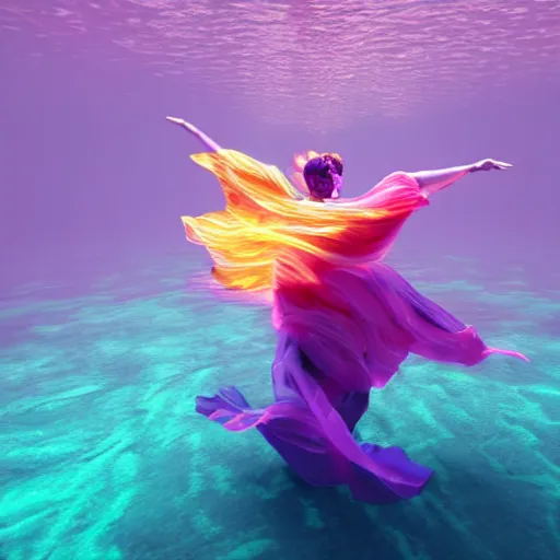 Prompt: woman dancing underwater wearing a flowing dress made of blue, magenta, and yellow seaweed, delicate alien coral sea bottom, swirling silver fish, unreal engine, caustics lighting from above, cinematic